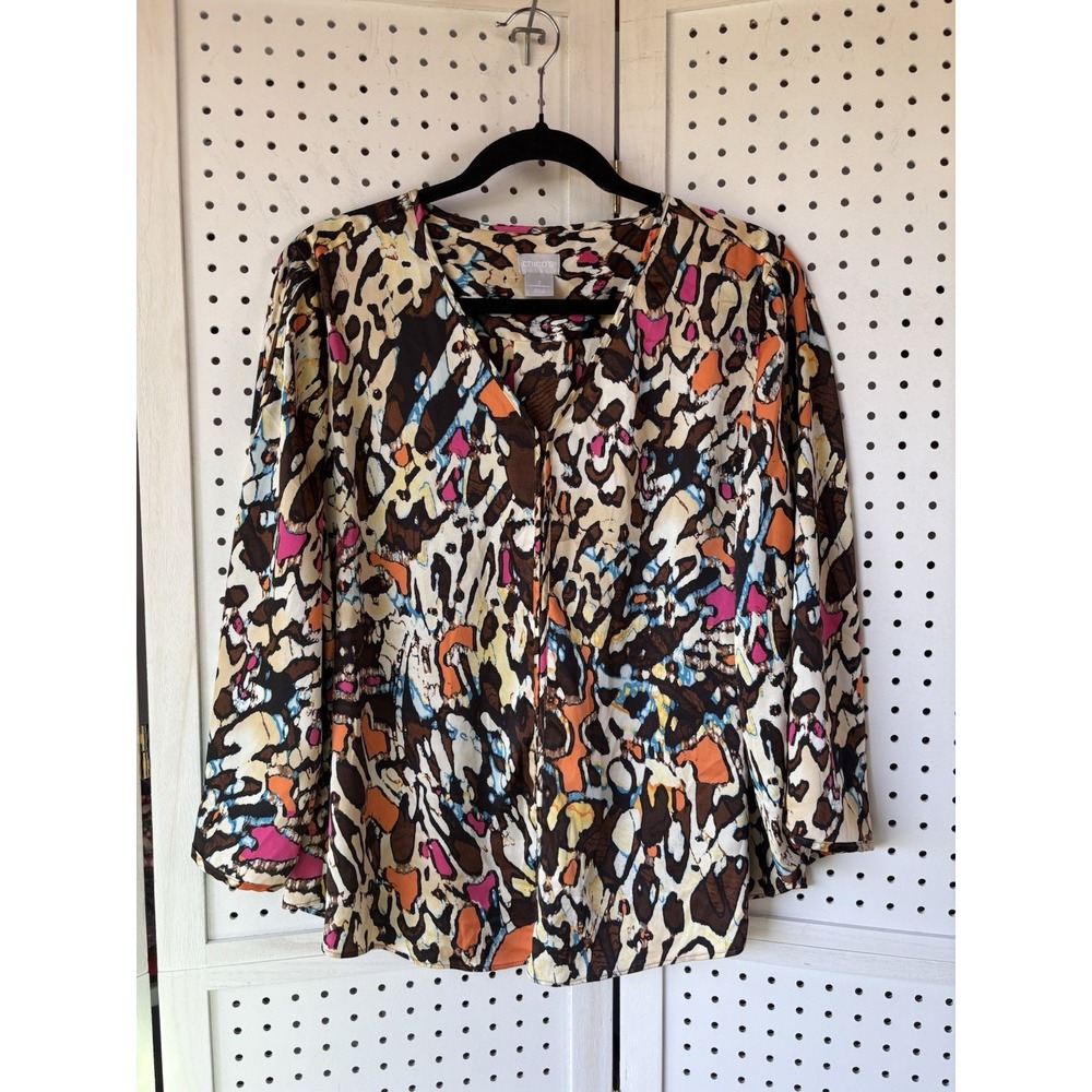 Chico's 2 / US Lg Colorful Print‎ 3/4 SLV Blouse V Neck Silky Org/Brown/Pink